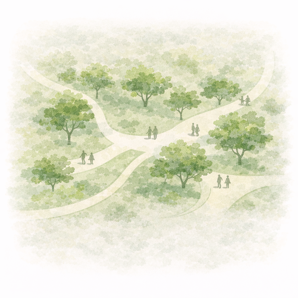 Softened scale materials and landscaping